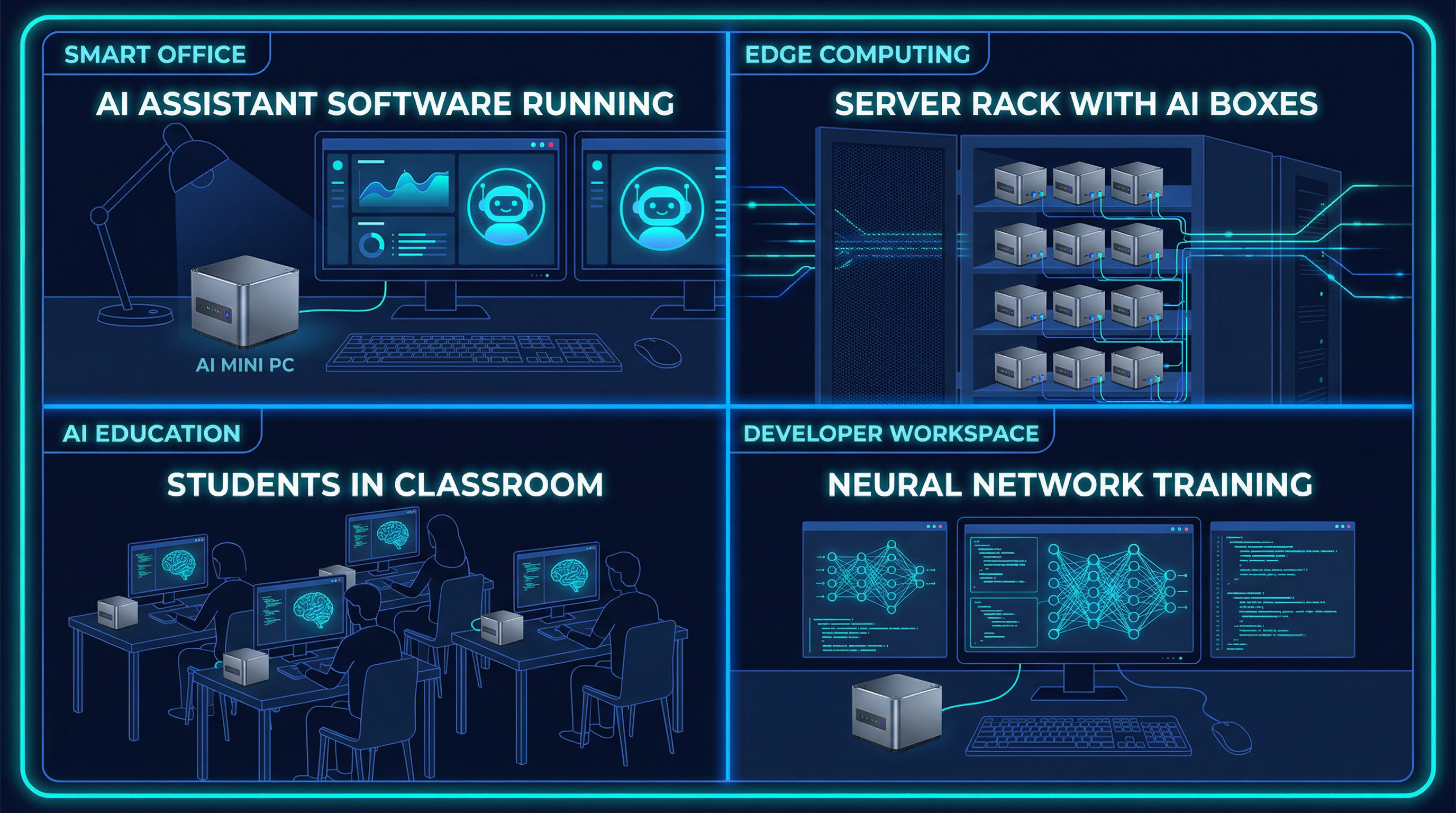NexTune CryGen200 use cases: smart office AI assistant, edge computing server, AI education classroom, developer neural network workspace